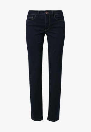 Granatowe dżinsy o prostym kroju nogawki, z kontrastującymi żółtymi szwami, zapięciem na guziki z przodu oraz pięcioma kieszeniami.