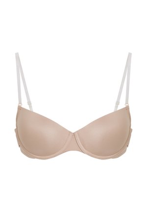 Beżowy biustonosz z fiszbinami, gładkimi formowanymi miseczkami i regulowanymi przezroczystymi ramiączkami, zaprojektowany do codziennego wsparcia i komfortu.