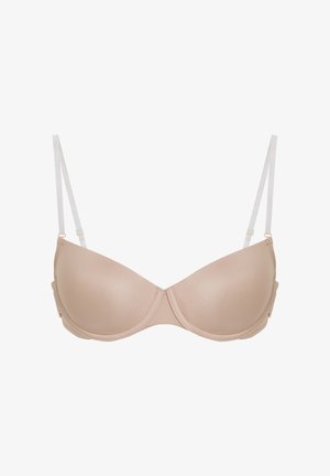 Beżowy biustonosz z fiszbinami, gładkimi formowanymi miseczkami i regulowanymi przezroczystymi ramiączkami, zaprojektowany do codziennego wsparcia i komfortu.