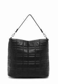 Black quilted handbag made of smooth leather, featuring a structured shape with a single shoulder strap and subtle stitching detail.