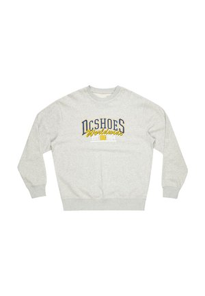 Grauer Sweatshirt aus Baumwollmischung, mit Rundhalsausschnitt, langen Ärmeln und grafikdruck "DC Shoes Worldwide" in Blau und Gelb auf der Vorderseite.