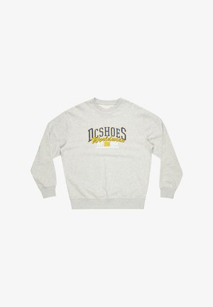 Grå sweatshirt i en bomullsblandning, med rund halsringning, långa ärmar och en "DC Shoes Worldwide" grafik i blått och gult på framsidan.