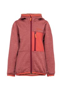 Rote und orange Kapuzenjacke mit einer Reißverschlusstasche auf der Brust, elastischen Bündchen und einem strukturierten Stoff. Detaillierte Nähte heben das Design hervor.