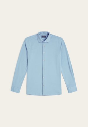 Light blue long-sleeve shirt with a button-up front, classic collar, and smooth cotton fabric. Features a standard fit and buttoned cuffs.