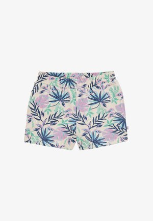 Mintás fürdőnadrág rugalmas derékpánttal, színes trópusi levelekkel zöld, lila és kék színben, krém színű háttérrel.