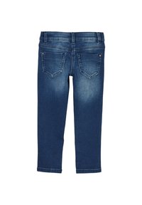 Denim jeans in een donkerblauwe wassing met een gladde textuur. Beschikt over twee achterzakken, zichtbare stiksels en een rechte snit bij de enkels.