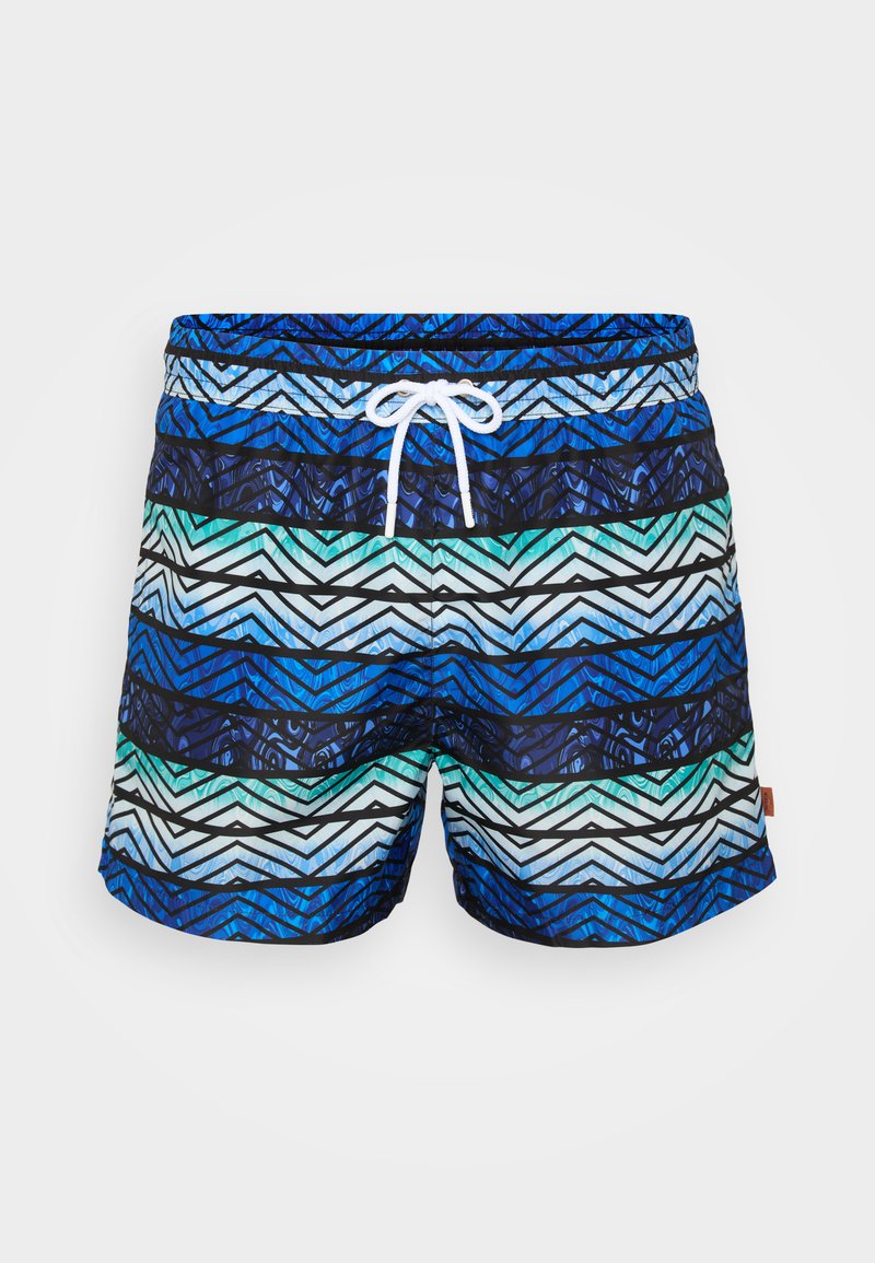 Männer Schwimmshorts mit einem blauen und grünen Zickzackmuster, elastischem Bund und einem weißen Kordelzug sowie leichtem Material.