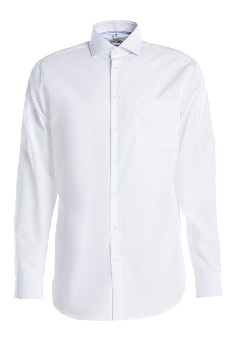Weiße Langarm-Hemdenbluse aus glattem Stoff mit klassischem Kragen, einer einzelnen Brusttasche und standardmäßiger Knopfverschluss.