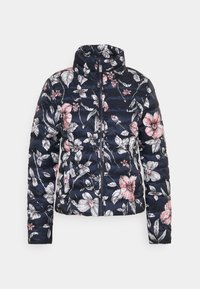 Doudoune marine avec imprimé floral mettant en avant des fleurs blanches et roses. Col montant et fermeture éclair ; tissu matelassé brillant.