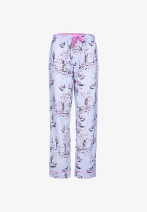 Lyseblå pyjamasbukser med et legende ørkenmotiv med kaktusser, en cowboyfigur og pink accenter. Elastisk talje med snørre.