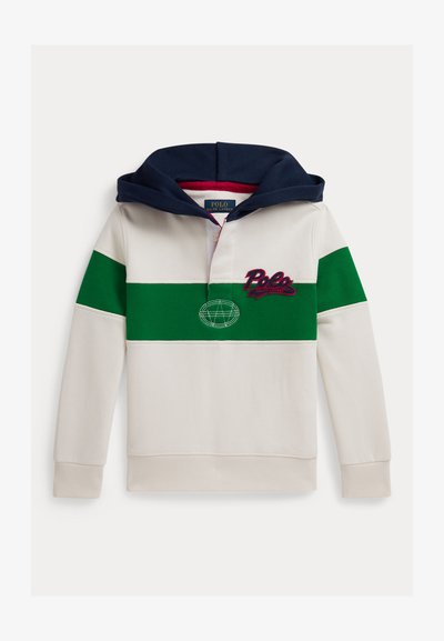 Sweatshirt com capuz em creme, verde e azul-marinho. Apresenta uma faixa verde sólida e logótipo bordado. Com textura suave e punhos e barra canelados.