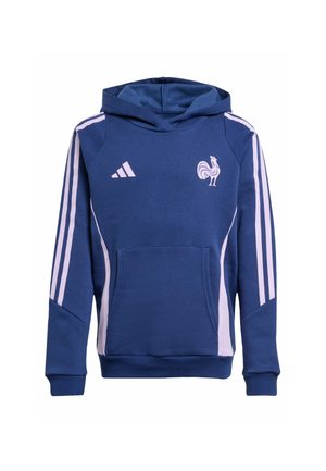 Haut en coton bleu avec une poche kangourou, des rayures roses sur les côtés et un logo de coq sur la poitrine. Comprend une capuche avec cordon de serrage.