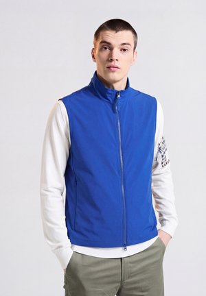 Junger Mann trägt eine blaue ärmellose Weste mit Reißverschluss über einem weißen Langarmshirt und grünen Hosen, steht mit den Händen in den Taschen.