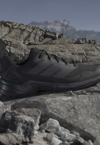 Μαύρο παπούτσι Adidas Terrex για τρέξιμο σε μονοπάτια, τοποθετημένο σε πετρώδες ορεινό έδαφος με θολές χιονισμένες κορυφές στο φόντο.