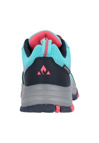 Urheilukengät, joissa on turkoosi verkkopinta, tummansiniset yksityiskohdat, vaaleanpunaiset yksityiskohdat ja harmaa pohja. Varustettu kestävällä kantapään repulla ja teksturoidulla pinnalla.