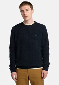 Maglione lavorato a maglia navy con texture a trecce, polsini e orlo a coste, caratterizzato da un piccolo logo blu sul petto. Indossato sopra una camicia chiara.