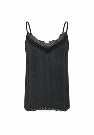 Camisole nera in satin con spalline regolabili, caratterizzata da un bordo in pizzo lungo il collo a V e un orlo scalloped. Texture liscia, design semplice.