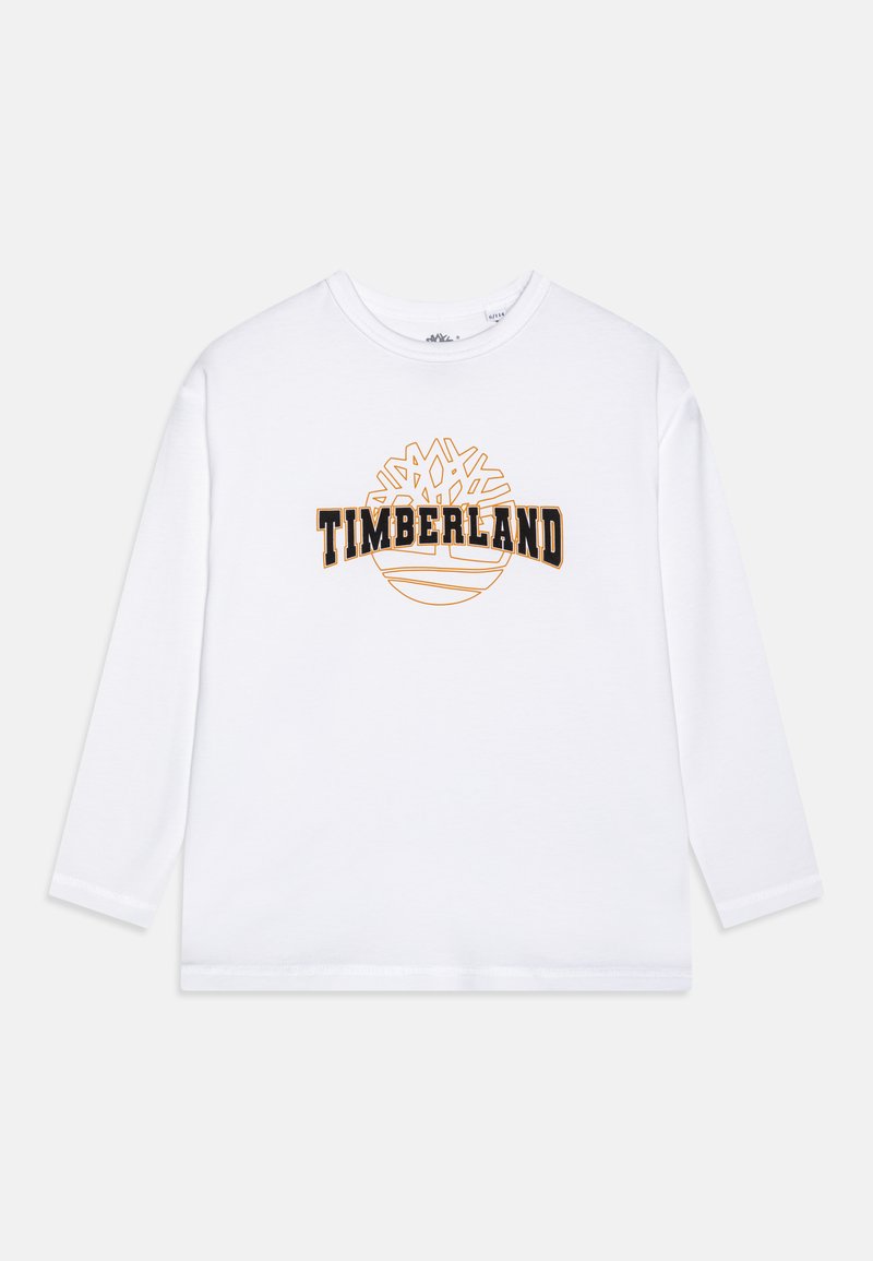 Long-sleeve white cotton shirt featuring a black and orange "TIMBERLAND" logo with a tree design above it. Classic crew neckline and relaxed fit.