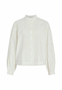 Witte katoenen blouse met een hoge hals, knoopsluiting aan de voorkant en gekruiste mouwen. Bevat verticale kanten inzetten en heeft een cropped ontwerp.