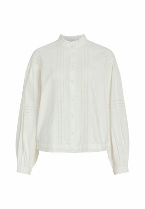Weiße Baumwollbluse mit hohem Kragen, Knopfleiste und Puffärmeln. Sie hat vertikale Spitzeinsätze und einen cropped Schnitt.