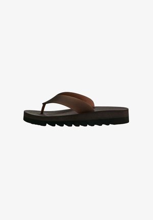 Brown leather flip-flop sandal with thick sole and textured black tread, viewed from the side on a white background.