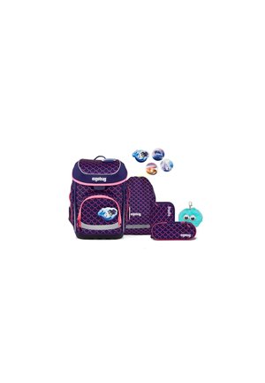 Purple and pink scale-patterned school backpack set with matching accessories, ocean-themed patches, and a blue fuzzy keychain with eyes.