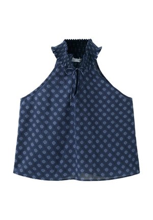 Haut sans manches bleu marine avec un motif floral clair, col froncé à volants et fermeture à nouer à l'avant.