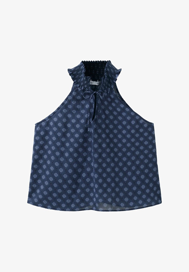 Haut sans manches bleu marine avec un motif floral clair, col froncé à volants et fermeture à nouer à l'avant.