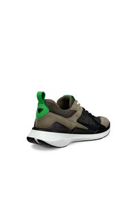 Athletic sneaker in shades of green, gray, and black, featuring a mix of suede, mesh, and textured materials, with a white midsole.