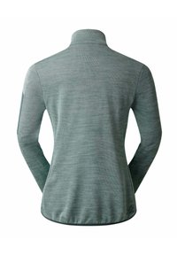 Pullover-Oberteil in einem sanften Grünton, mit hohem Kragen, langen Ärmeln und strukturiertem Stoff mit einem subtilen Streifenmuster.