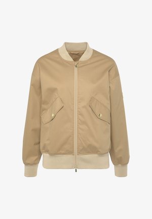 Braune Bomberjacke mit geripptem Kragen und Bündchen, ausgestattet mit einem Reißverschluss und zwei vorderen Klappentaschen mit Druckknöpfen. Glatte, gewebte Textur.