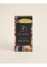 Czarny pudełko z kolorowym wzorem kwiatowym, złotym logo i tekstem. Produkt to perfumy o pojemności 50 ml, noszące nazwę "Ballo dei Fiori."