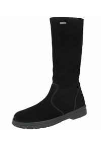 Schwarze Wildleder-Stiefel bis zum Knie mit runder Zehe, kontrastierenden weißen Nähten und einer strukturierten Gummisohle für besseren Halt. Verfügt über ein Logo am Schaft.