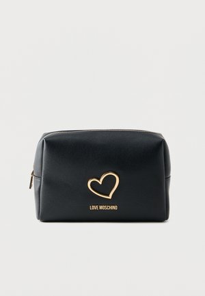 Black rectangular leather pouch with gold zipper, gold heart emblem, and "LOVE MOSCHINO" logo on front center.