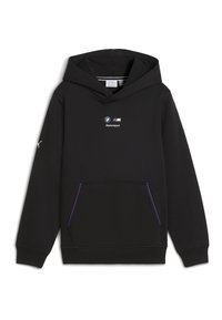 Sudadera con capucha negra de algodón, con un bolsillo frontal, logo de BMW Motorsport y líneas de acento en azul y rojo.