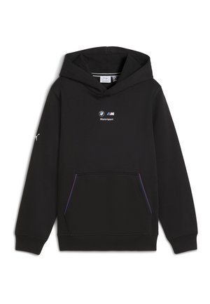 Schwarzer Kapuzenpullover aus Baumwolle mit einer Vorderseite-Tasche, BMW Motorsport-Logo und blauen sowie roten Akzentlinien.