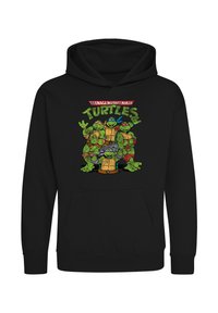 Černá mikina s kapucí, na které je barevná grafika čtyř želv ze "Želv Ninja", ilustrující jejich odlišné rysy a pózy.
