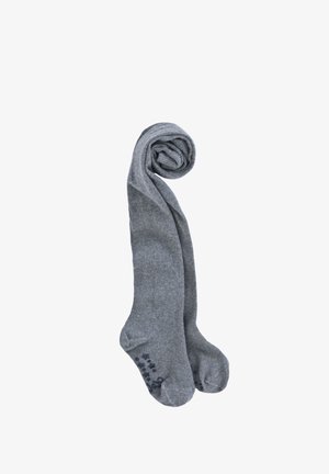 Graue Socken aus weichem Material, aufgerollt und präsentiert. Mit strukturierten Sohlen mit kleinen Punkten für besseren Halt. Einfaches Design ohne Muster.