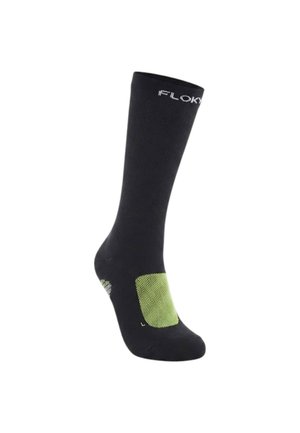 Calzino nero da lavoro con area della suola imbottita verde brillante e testo bianco vicino al bordo superiore.