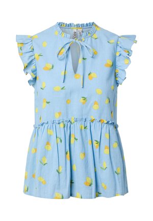 Bluza albastru deschis, fără mâneci, cu umeri cu volane, decolteu în formă de lacăt cu șnur și imprimeu galben cu lămâi.