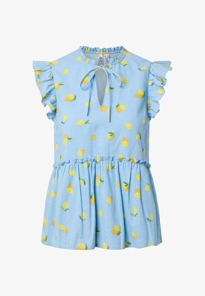 Világoskék ujjatlan blúz fodros vállakkal, kulcslyuk nyakkivágással és sárga citrom mintával.