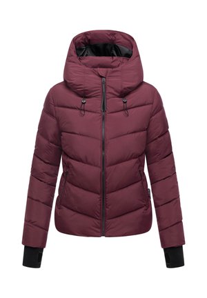 Giacca a vento bordeaux con colletto alto e cappuccio regolabile con lacci. Presenta un design trapuntato, zip frontale e polsini elasticizzati.
