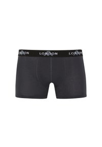 Black boxer briefs with a soft fabric, featuring a branded elastic waistband with "LONDON" in light gray. Tailored fit with contrasting stitching.