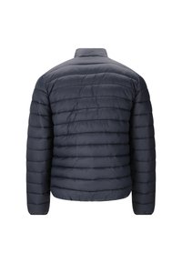 Marinblå pufferjacka med horisontellt quiltat mönster, hög krage och en slät yta; har en slim fit och ingen synlig hårdvara.