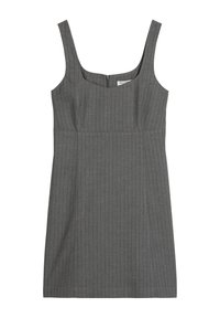 Graues ärmelloses Kleid mit quadratischem Ausschnitt. Es hat vertikale Nadelstreifen, einen taillierten Oberteil und einen verdeckten Reißverschluss auf der Rückseite. Knielang.