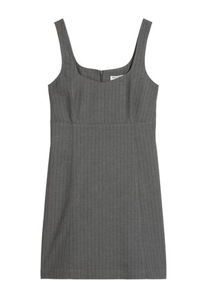 Gray sleeveless dress with a square neckline. Features vertical pinstripes, fitted bodice, and a concealed zipper at the back. Knee-length.