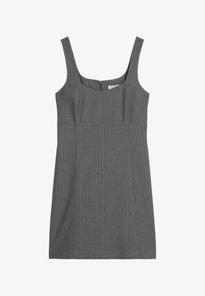 Grijze mouwloze jurk met een vierkante halslijn. Heeft verticale streepjes, een getailleerde bodice en een verborgen rits aan de achterkant. Knie-lengte.