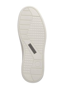 Semelle de chaussure en caoutchouc texturé, présentant un motif géométrique et un marquage. La couleur est beige clair avec un profil plat et des bords arrondis.