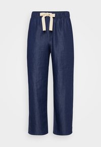 Calças de linho azul marinho com um corte descontraído, faixa elástica na cintura e um cordão creme. Tecido suave, comprimento cropped e sem padrões visíveis.