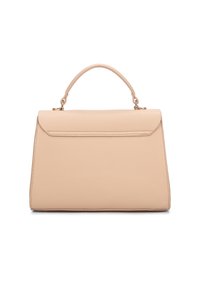 Borsa a mano strutturata in pelle beige con manico superiore, pattina anteriore piatta e superficie leggermente testurizzata. Presenta dettagli in hardware dorato.